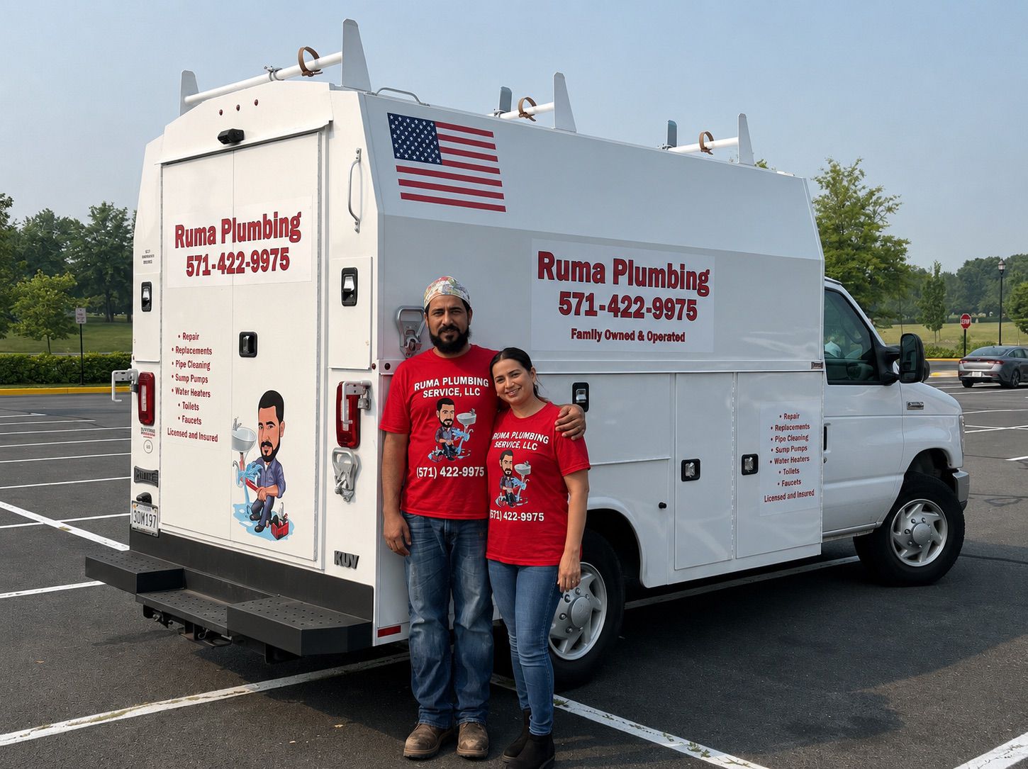 Wael and wife in front of Ruma Plumbing van